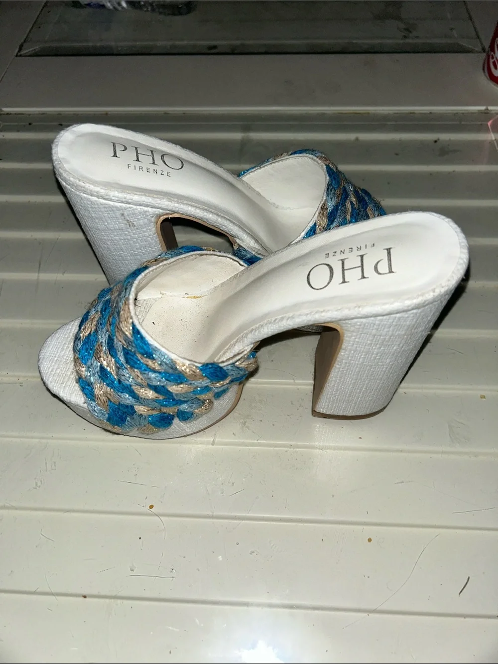 White Platform Heels with Braided Blue Accents